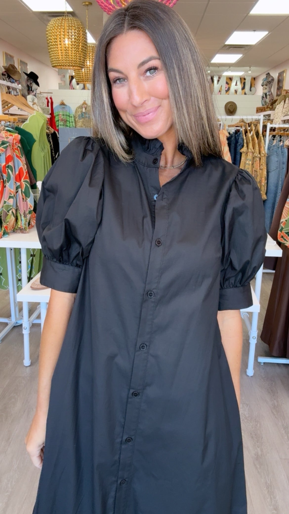 Karlie | Black Ruffle Neck Maxi Shirt Dress