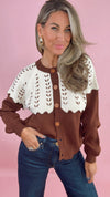 Chocolate Colorblock Scallop Detail Knit Cardigan