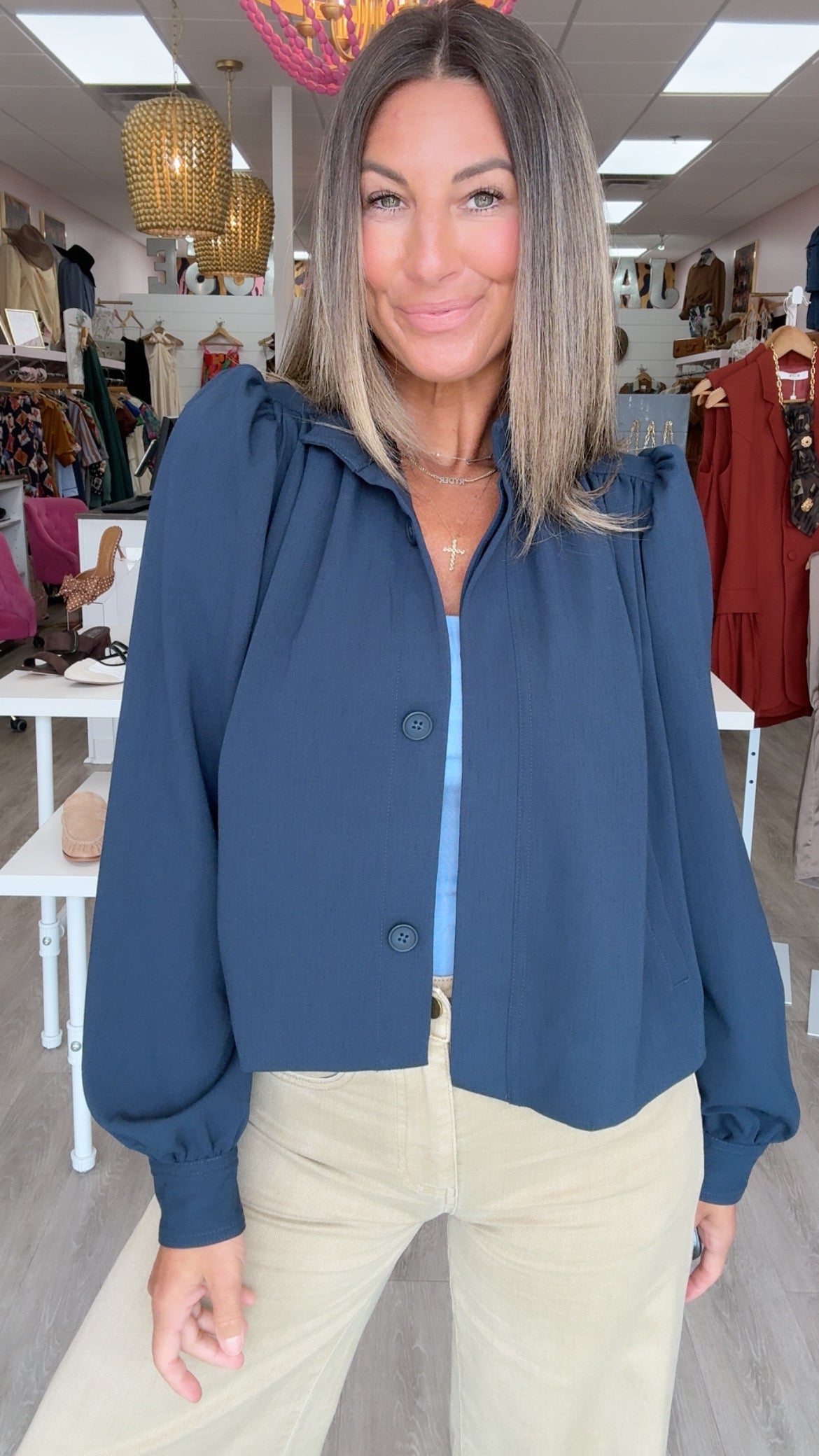 Liverpool | Oxford Navy Puff Sleeve Jacket