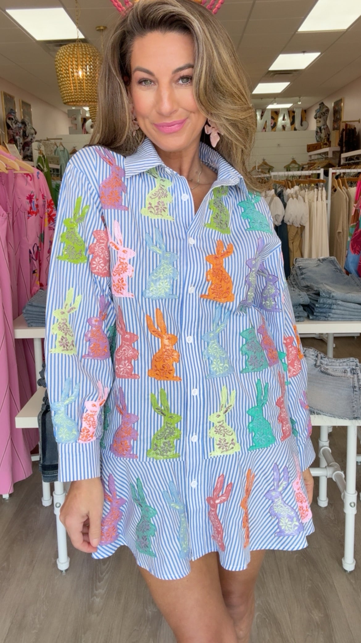 Queen of Sparkles Blue/White Striped Easter Bunny Button-Up Cotton Dress
