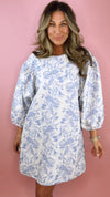 Blue Floral Jacquard Puff Sleeve Dress