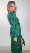 Green Sequin V-Neck Tie Waist Midi Dress