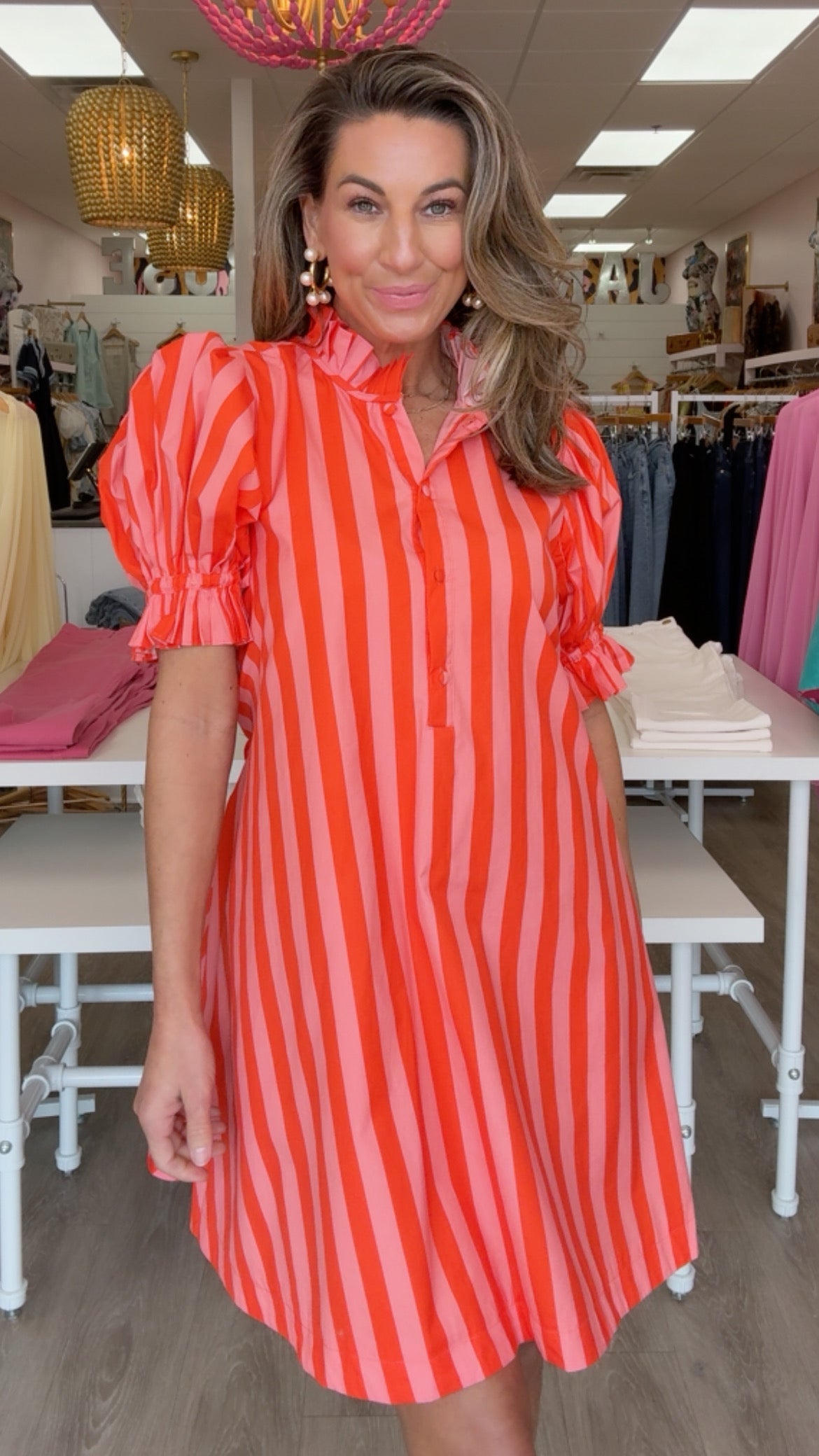 Karlie Stripe Button Tie Back Pleat Dress