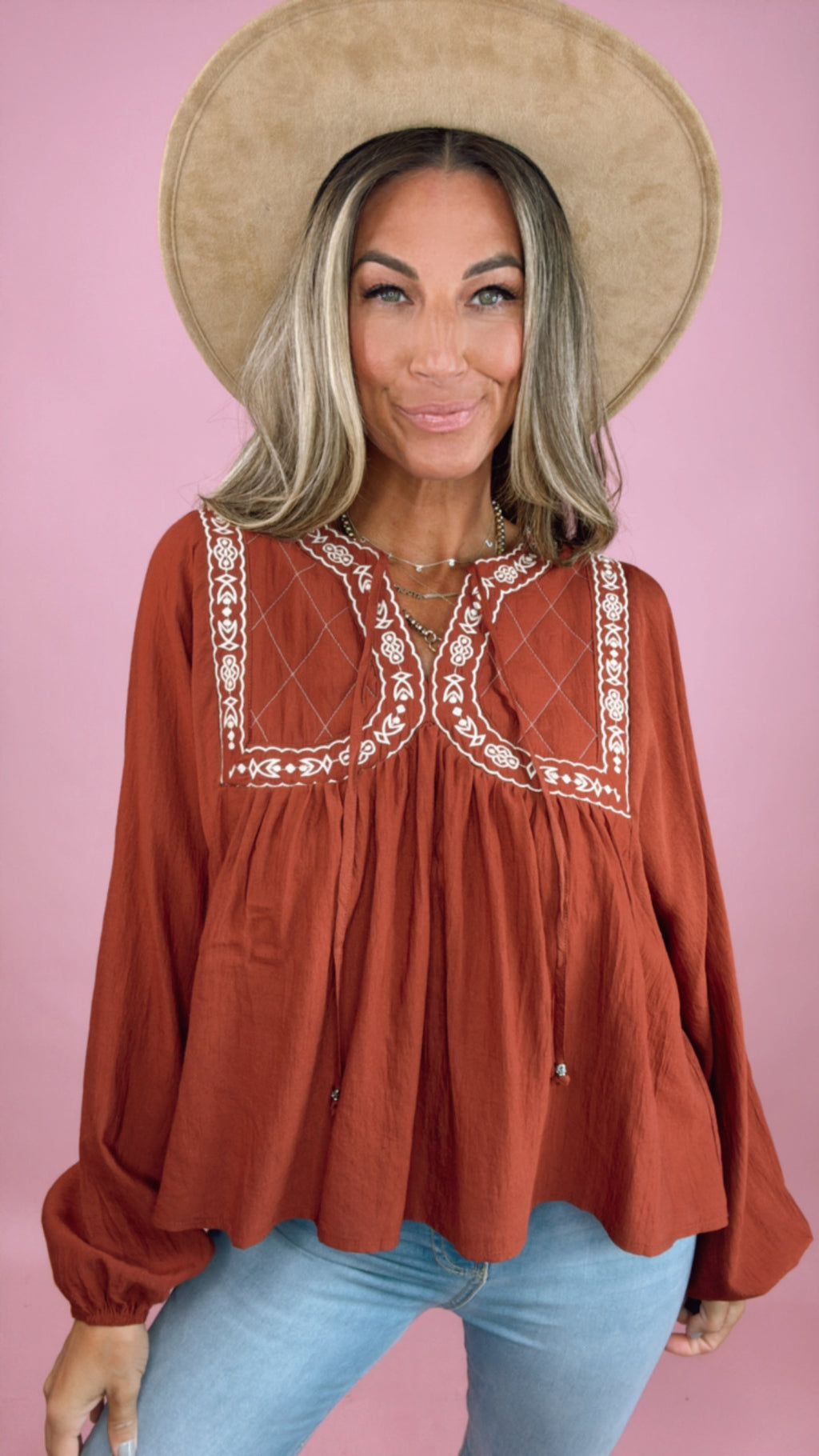 Brick Embroidered Trim Balloon Sleeve Blouse