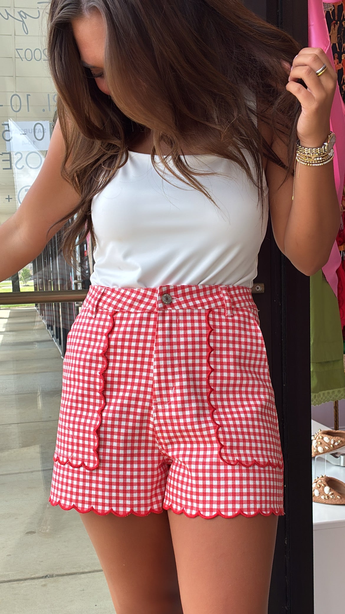 Red High Waisted Gingham Shorts