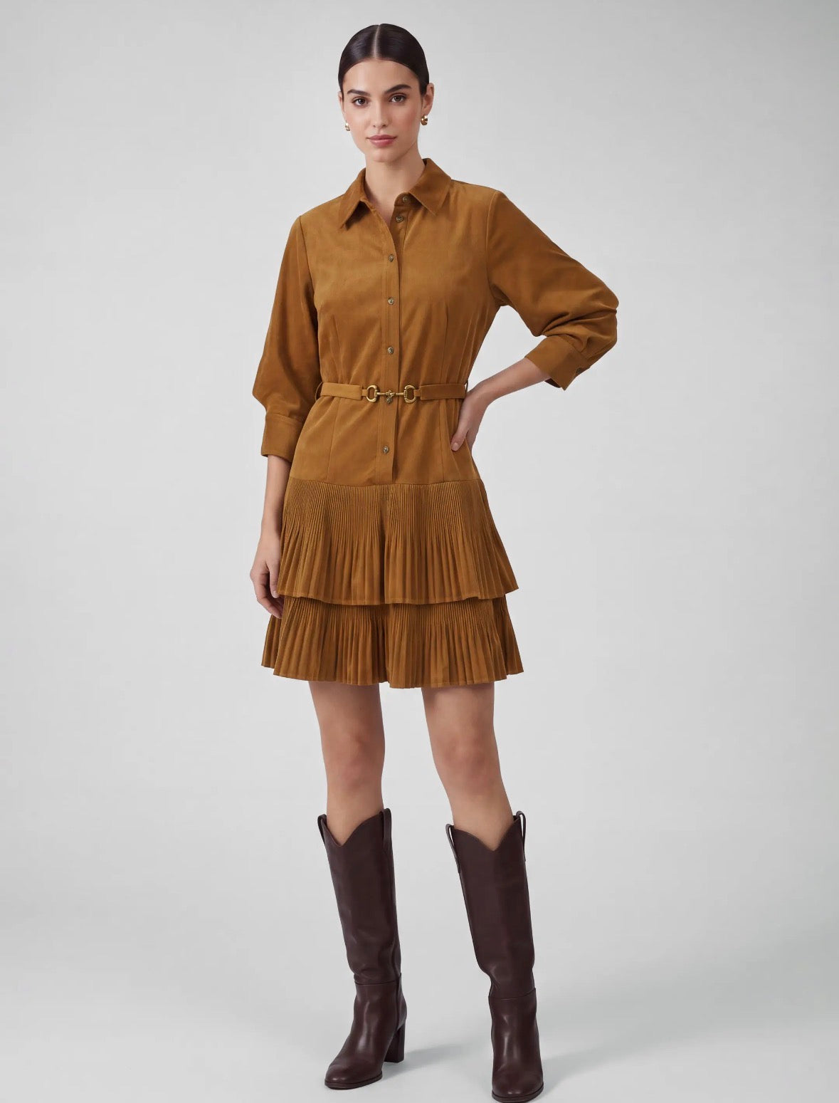 Current Air | Gold Corduroy Tiered + Pleat Shirt Dress