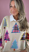 Queen of Sparkles Beige Multi Plaid & Stripe Christmas Tree Sweatshirt