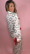 Satin Wreaths w/ Bows Red Velvet Trim Pajama Set