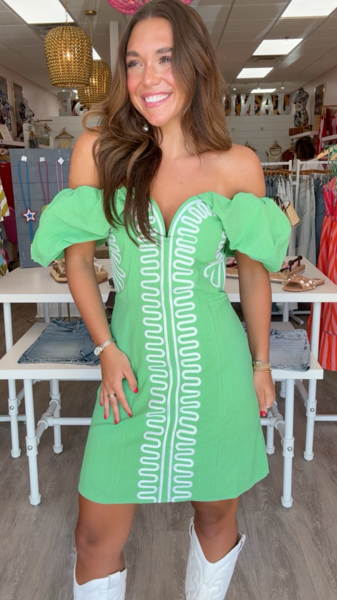 Green Off-Shoulder Embroidered Linen Mini Dress