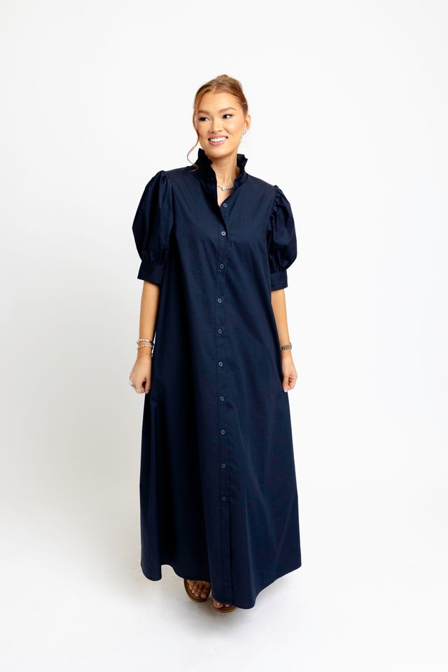 Karlie | Navy Ruffle Neck Maxi Shirt Dress