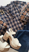 THML: Embroidered Sleeve Plaid V-Neck Top (1 XL)