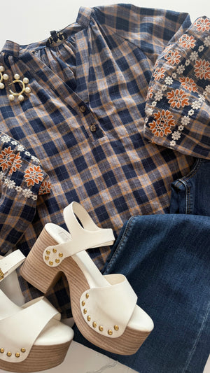 THML Embroidered Sleeve Plaid V-Neck Top