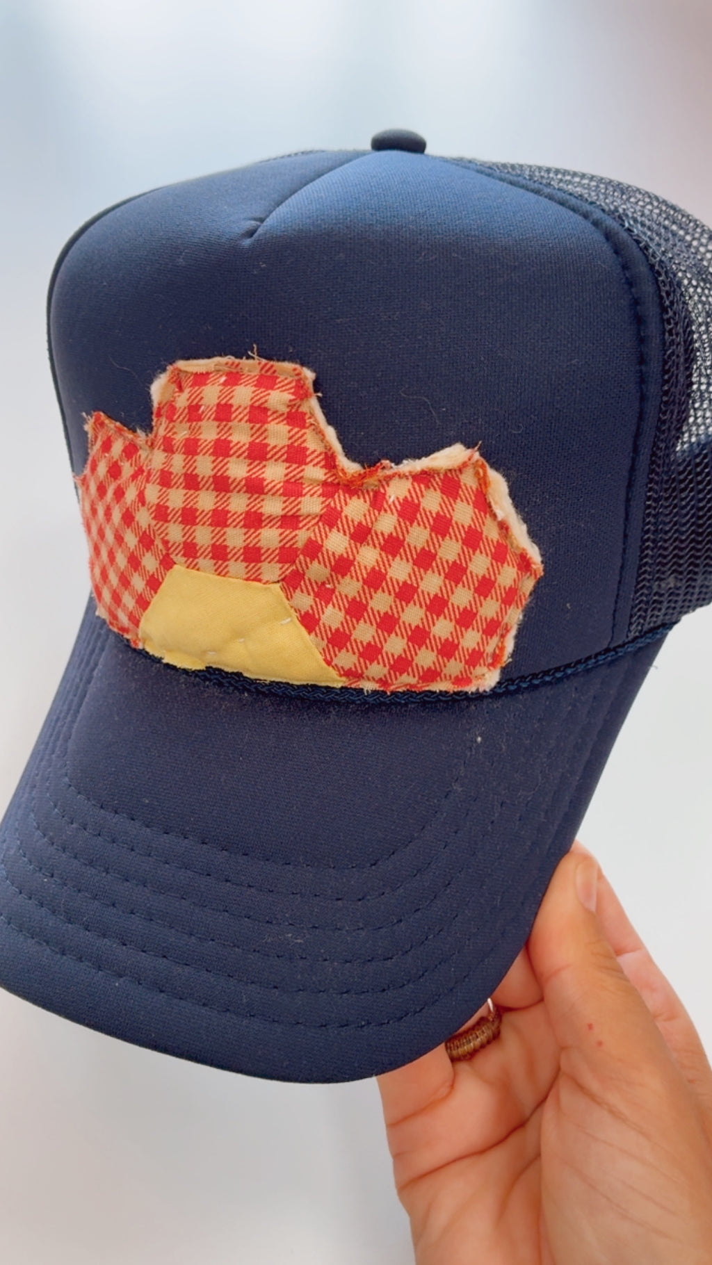 Red gingham Vintage Quilt Navy Hat