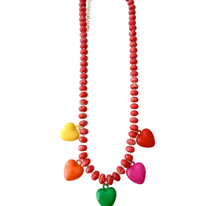 Larissa Red Beaded Necklace with Colorful Heart Charms