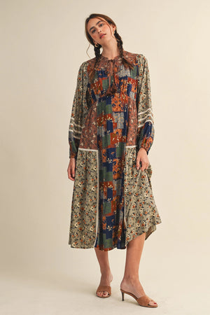 Brown Floral Patchwork Midi Dress