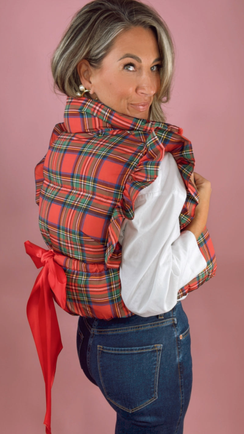 Red Holiday Plaid Puffer Vest