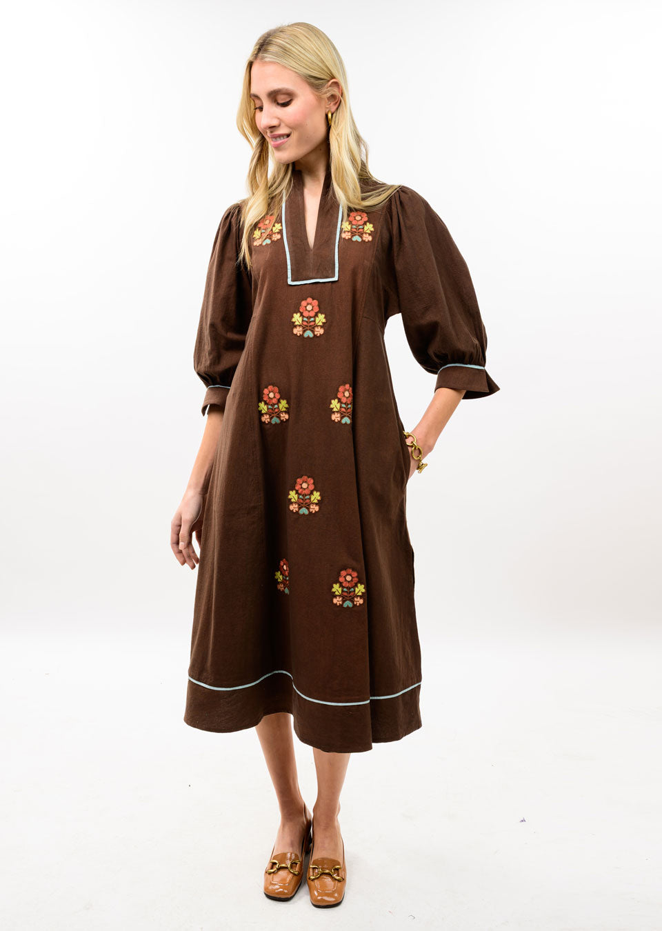 Ivy Jane | Brown Embroidered Midi Dress