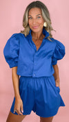 Royal Blue Ruffle Neck Button Down Romper (LARGE)