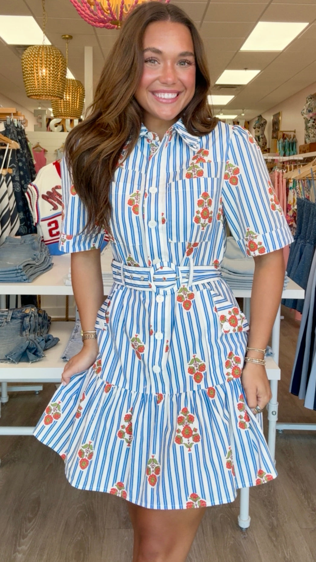 Karlie | Blue Stripe Pocket Belt Dress