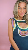 Queen of Sparkles Denim Rainbow Trim Cut Out Dress
