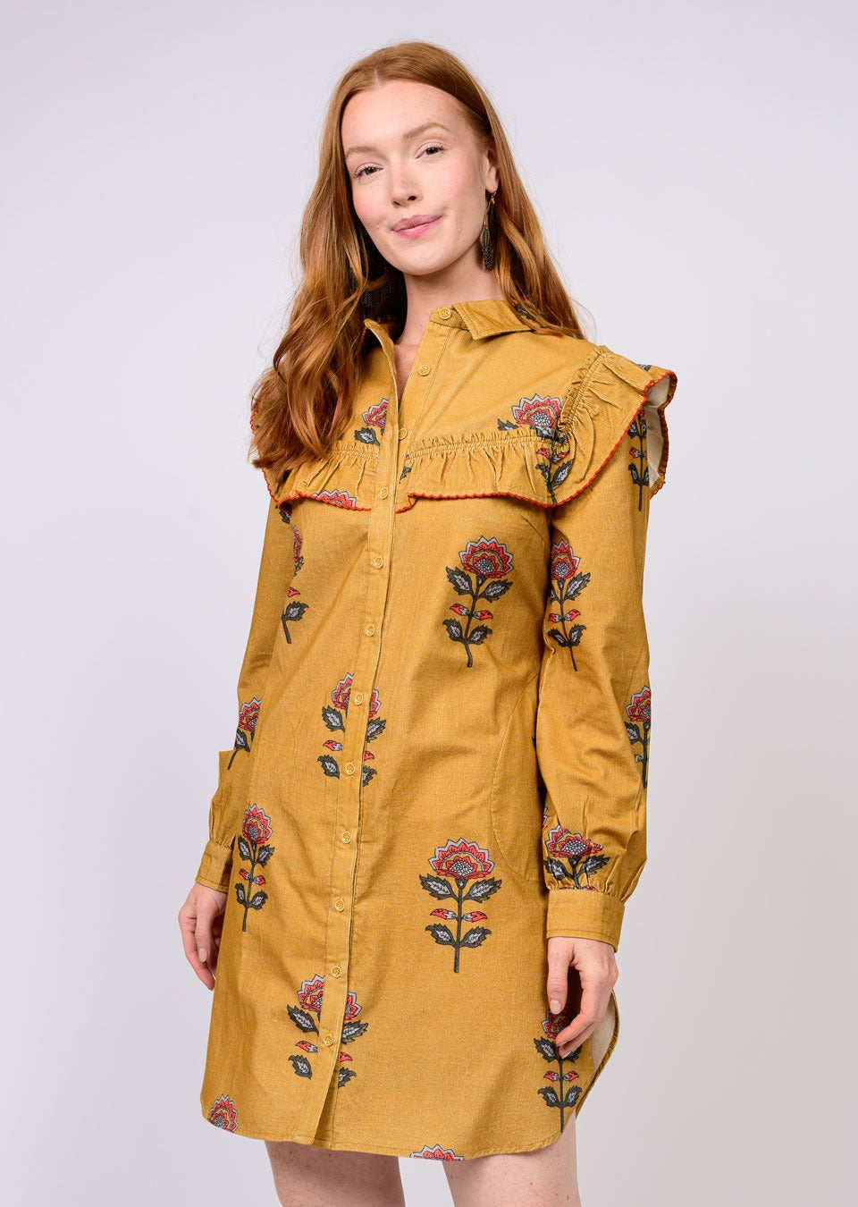 Uncle Frank Gold Ruffled Yoke Shirtdress