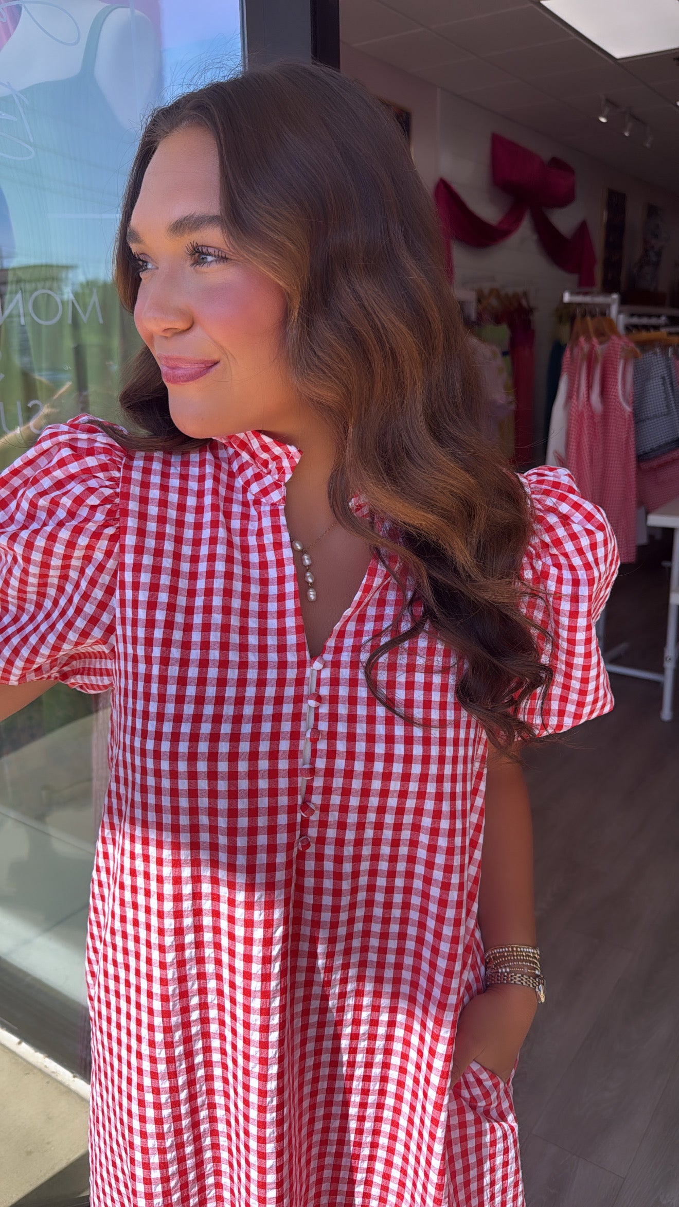 Red Gingham Puff Sleeve Midi Dress