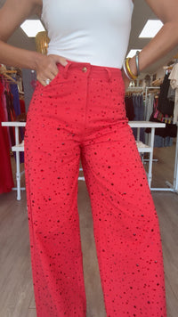 Queen of Sparkles Red Wide Leg Rhinestone Jean (Bottoms Only)