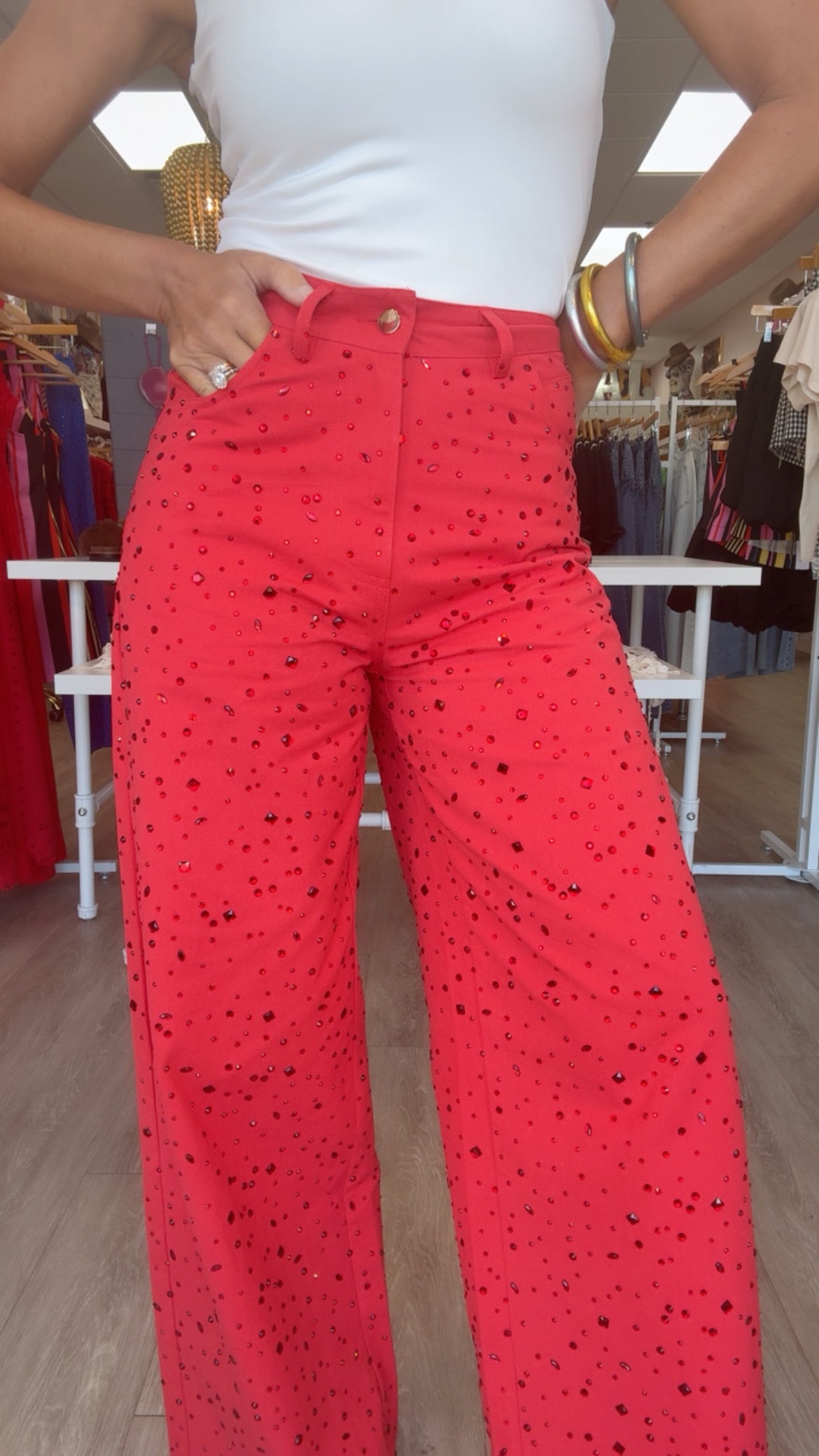 Queen of Sparkles Red Wide Leg Rhinestone Jean (Bottoms Only)