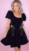 Moon River Black Velvet Rhinestone Bows Bubble Mini Dress