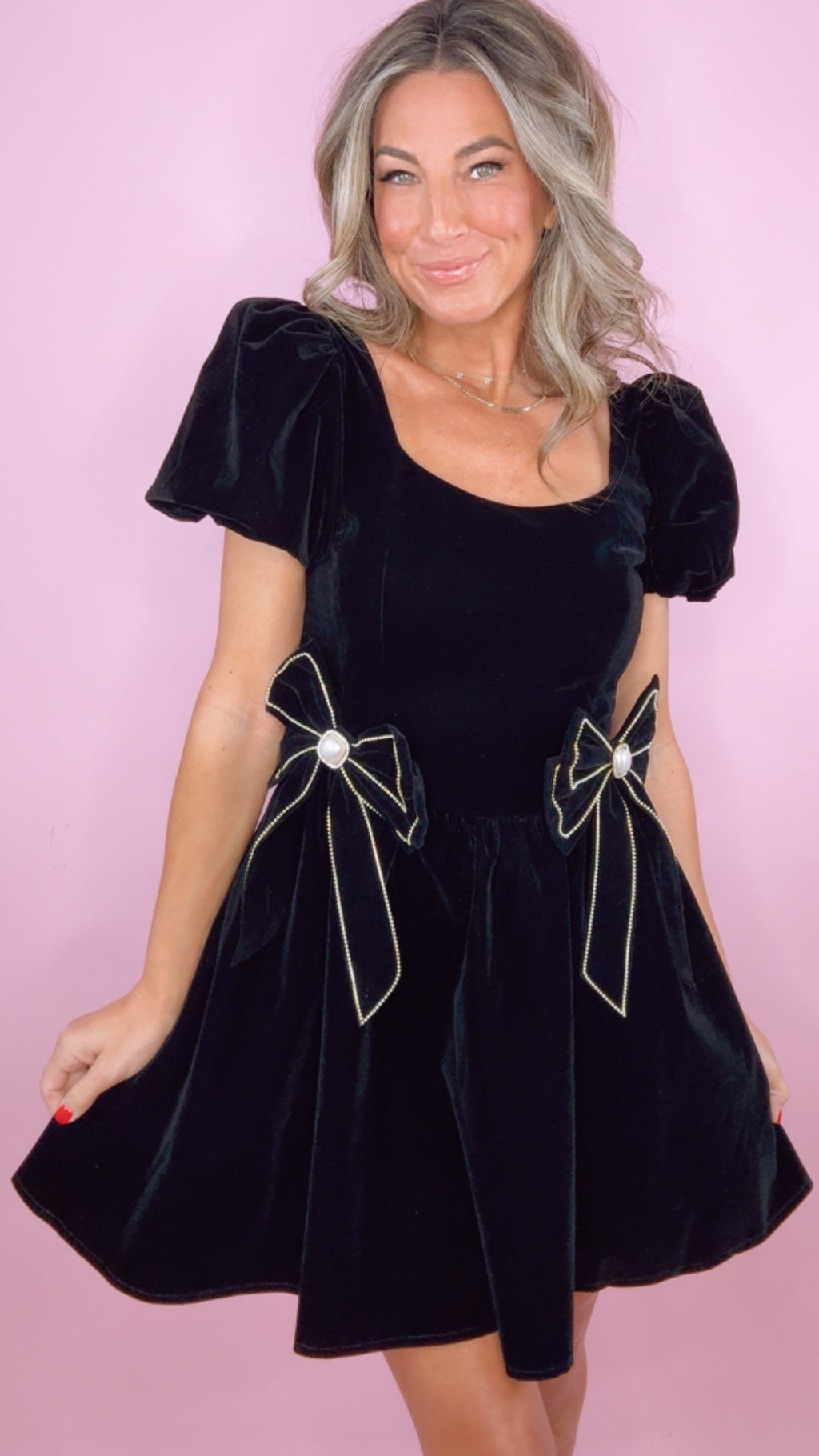Moon River Black Velvet Rhinestone Bows Bubble Mini Dress