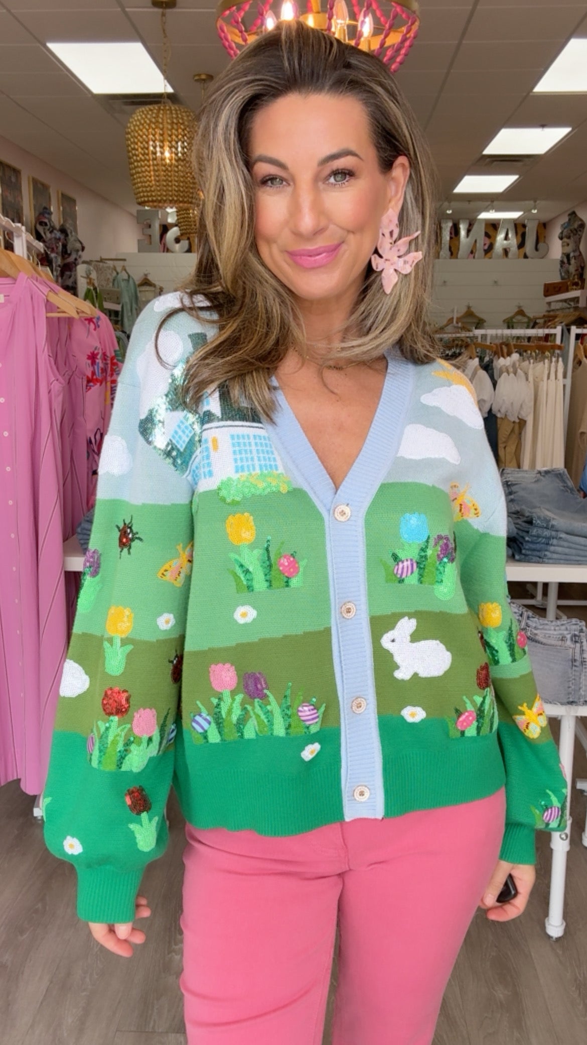 Queen of Sparkles Easter Bunny + Egg Yard Scene Cardigan