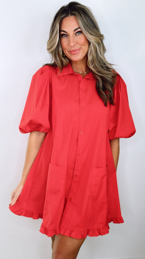 Karlie Red Poplin Ruffle Pocket Dress