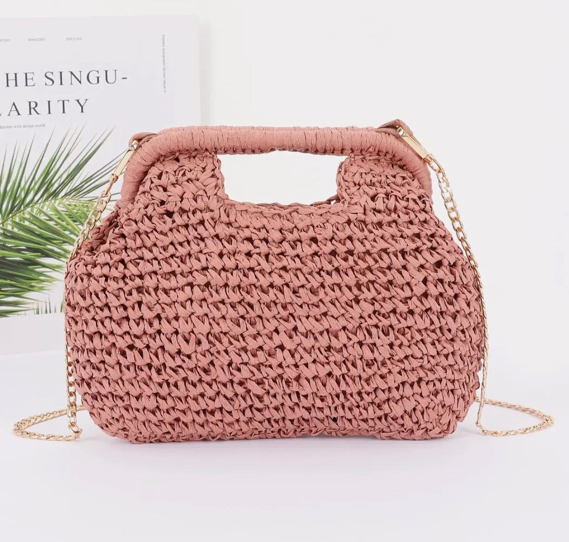 Pink Handmade Faux Straw Clutch