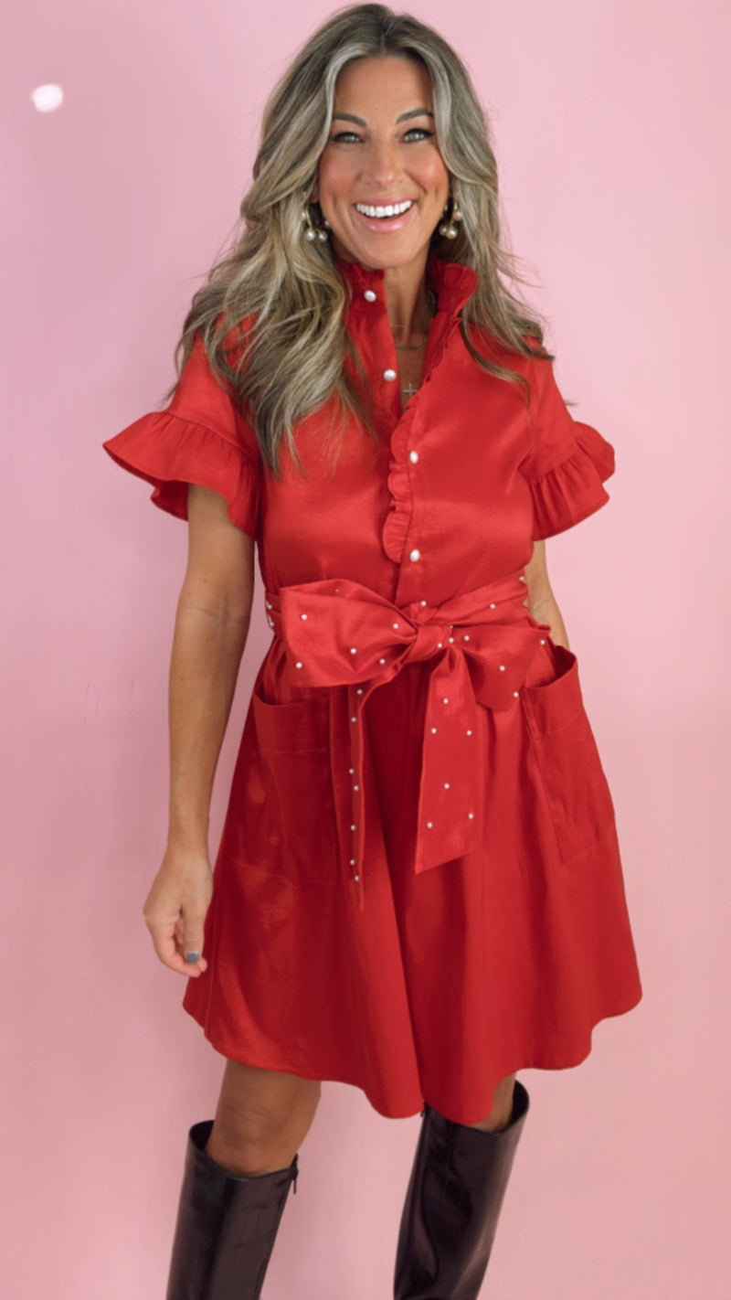 J. Marie Red Flutter Sleeve Pearl Tie Dress (1 XS)