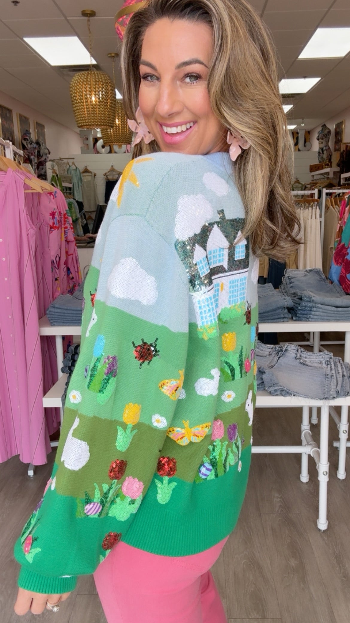 Queen of Sparkles Easter Bunny + Egg Yard Scene Cardigan