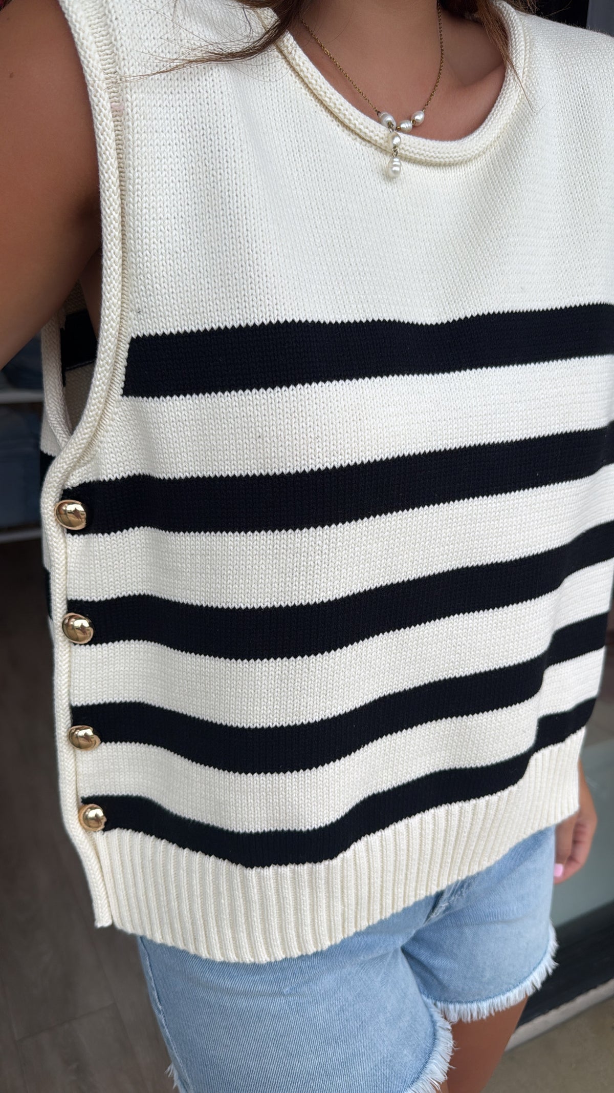 Cream Striped Sleeveless Knit Top