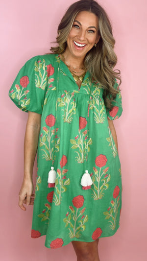 THML Green Puff Sleeve Floral Dress (1 LARGE)