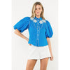 THML Blue Flower Embroidered Puff Sleeve Top