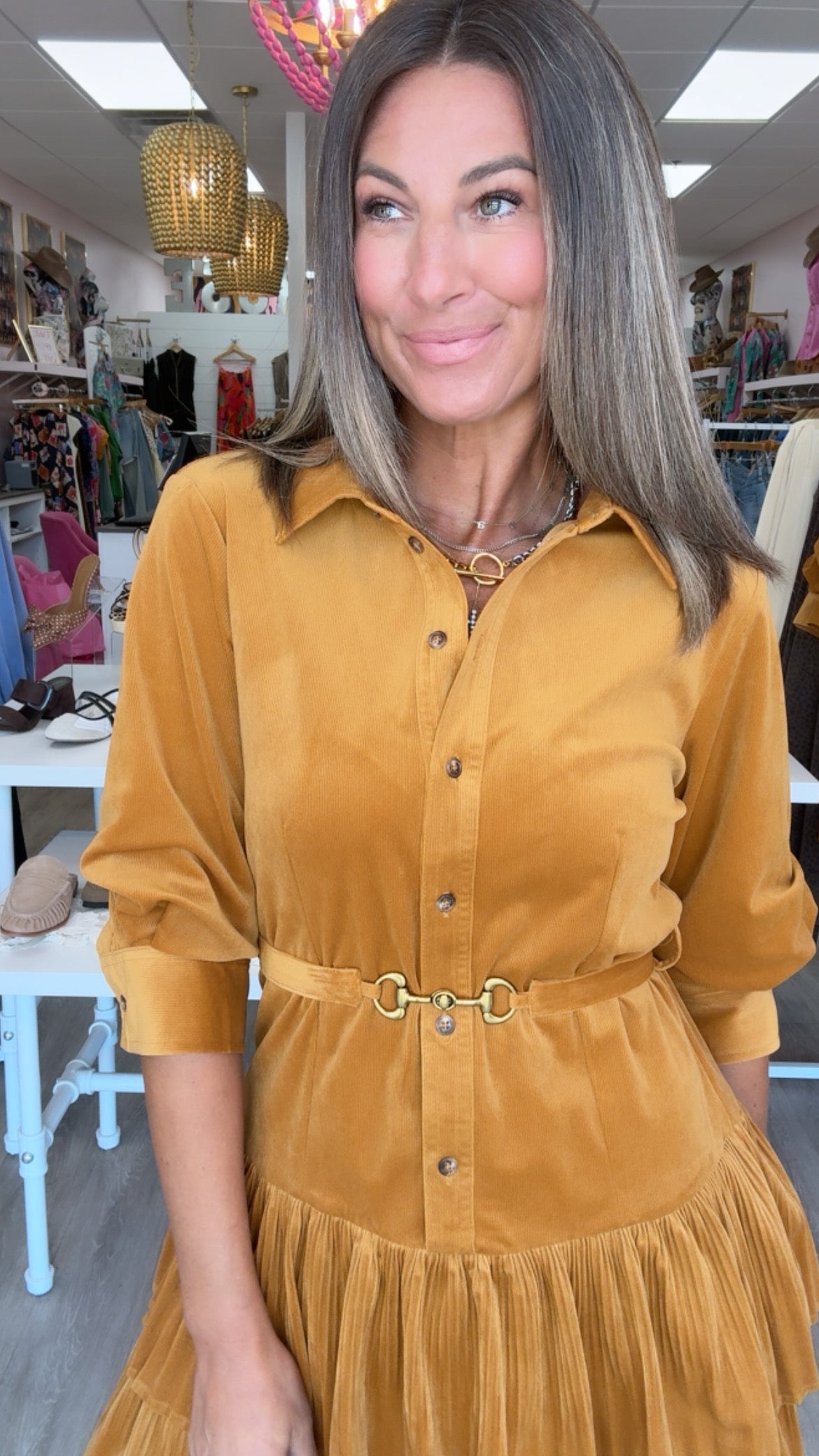 Current Air | Gold Corduroy Tiered + Pleat Shirt Dress (1 XS)