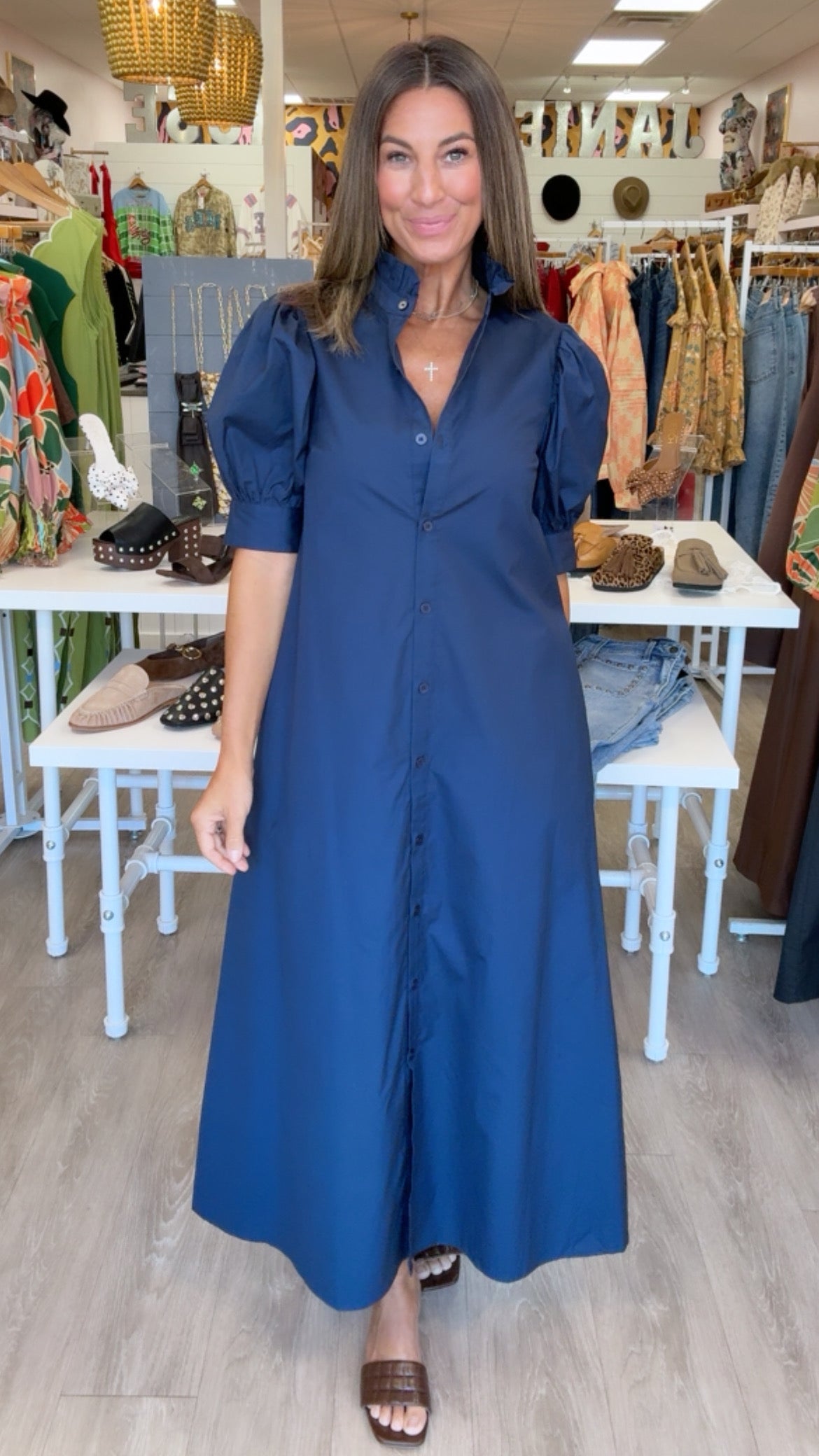 Karlie | Navy Ruffle Neck Maxi Shirt Dress