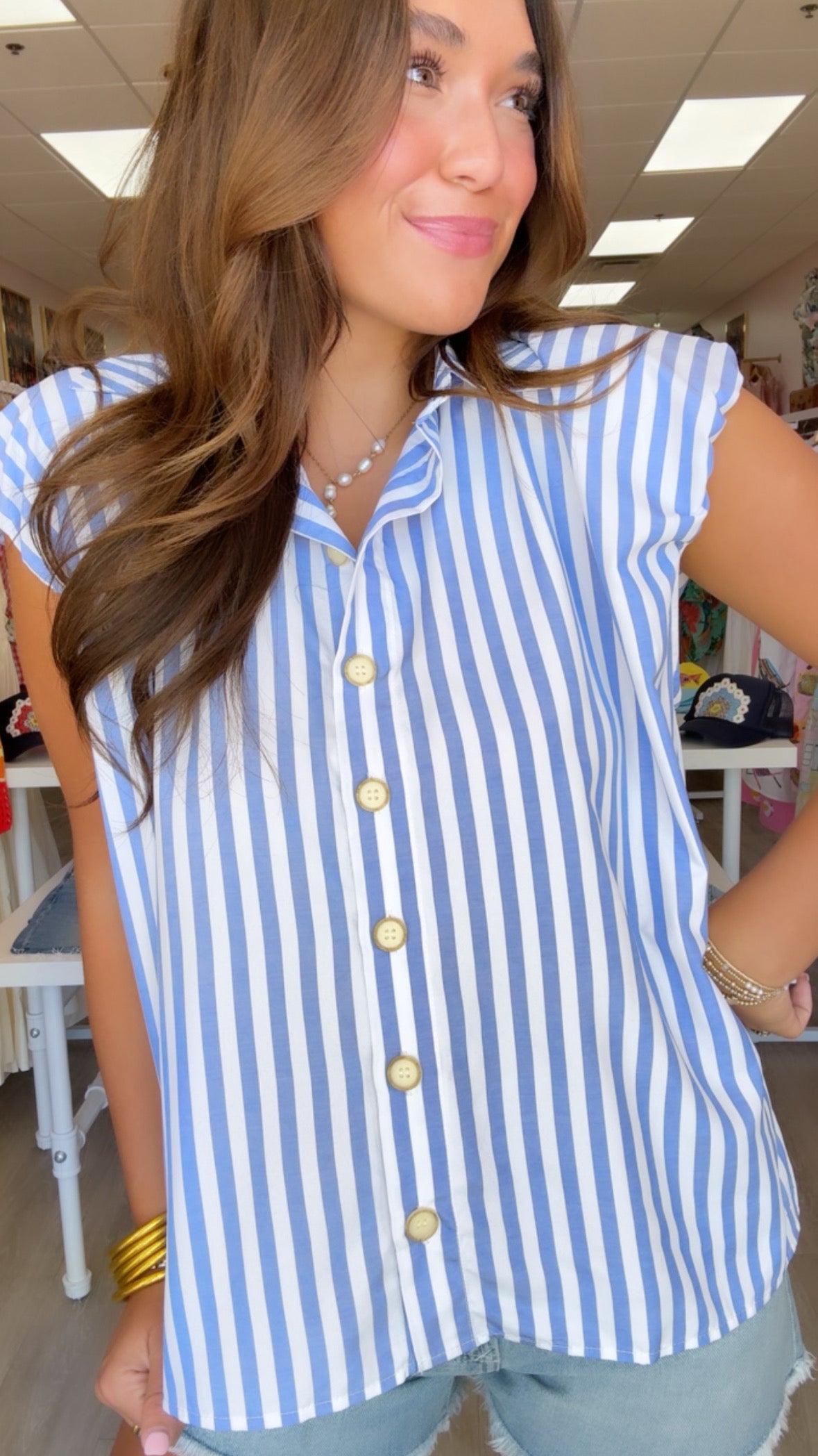 Karlie | Blue Stripe Bubble Slv Button Up Top