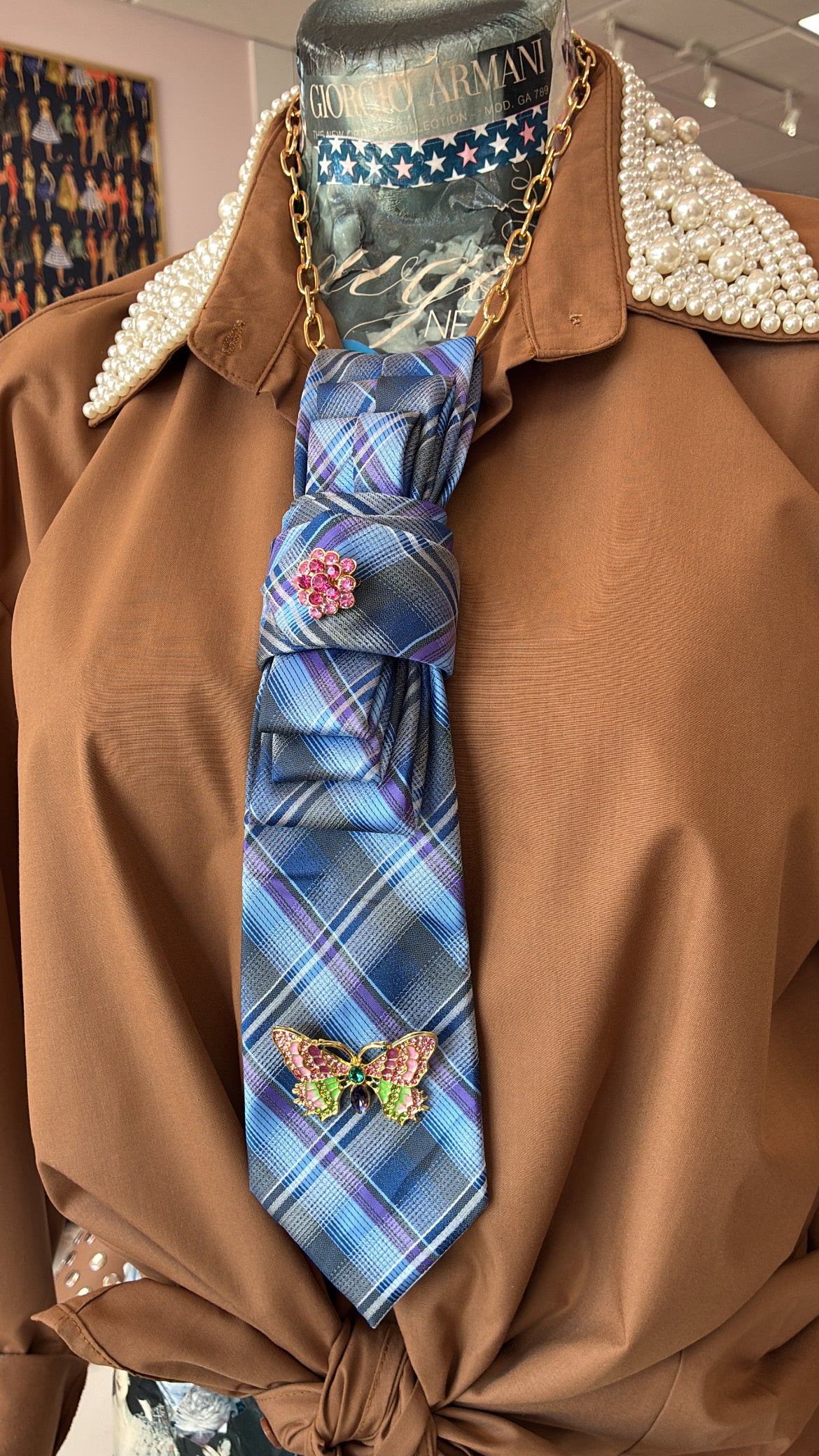 Tie Necklace | Blue + Purple Tie w/ Pink Brooches