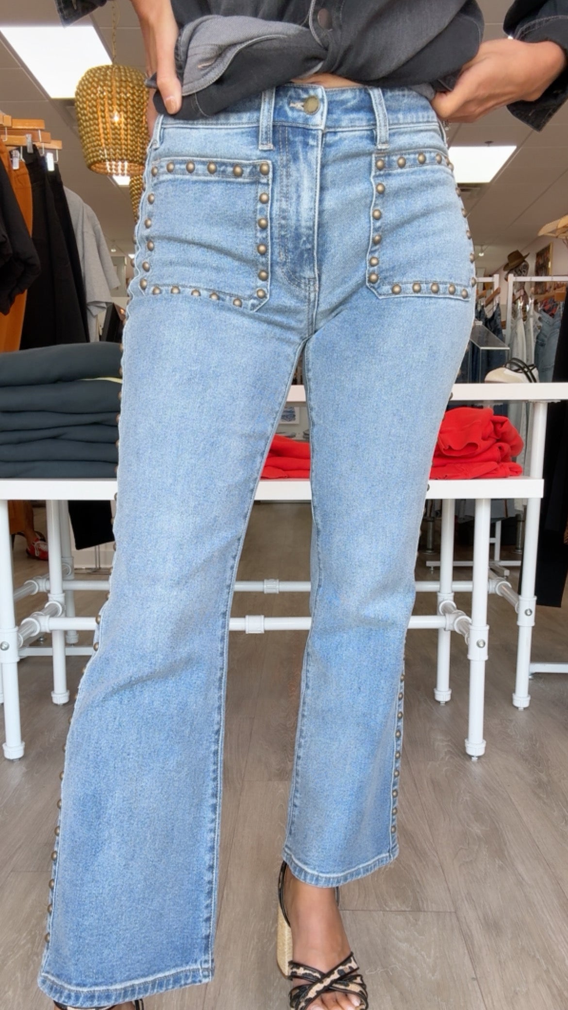 Liverpool | Bronzed Blue Hannah Flare w/ Patch Pockets + Studs