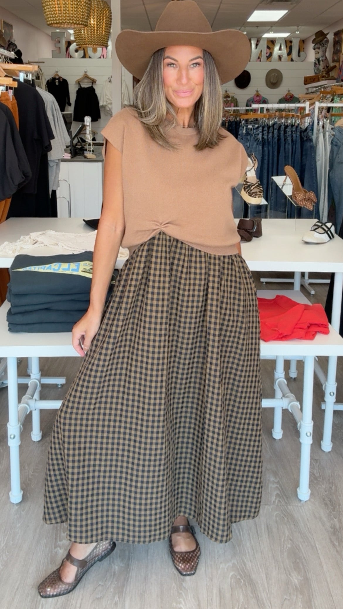Camel Gingham Midi Dress w/ Removable Cap Sleeve Pullover