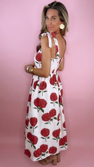 Pink Chicken Stripe Hydrangeas Midi Dress