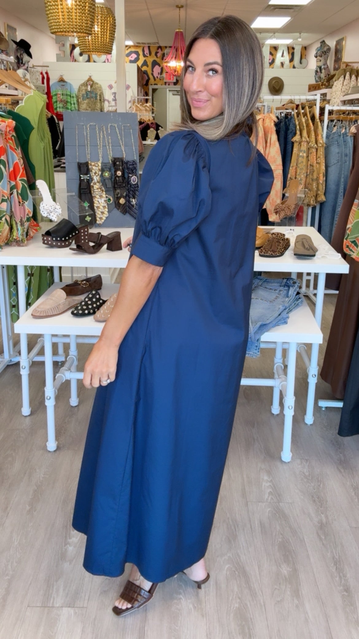 Karlie | Navy Ruffle Neck Maxi Shirt Dress