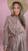 Burgundy Gingham Scallop Trim Midi Dress