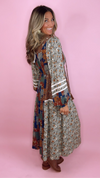 Brown Floral Patchwork Midi Dress