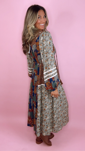 Brown Floral Patchwork Midi Dress