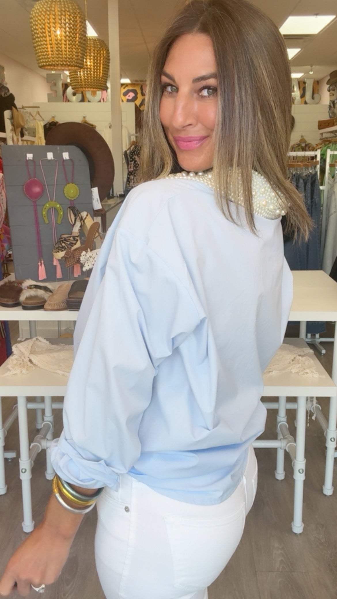 Karlie | Blue Pearl Collar Poplin Top